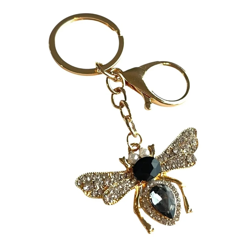 Women's Gold Tone Rhinestone Bee Charm Key Chain 4